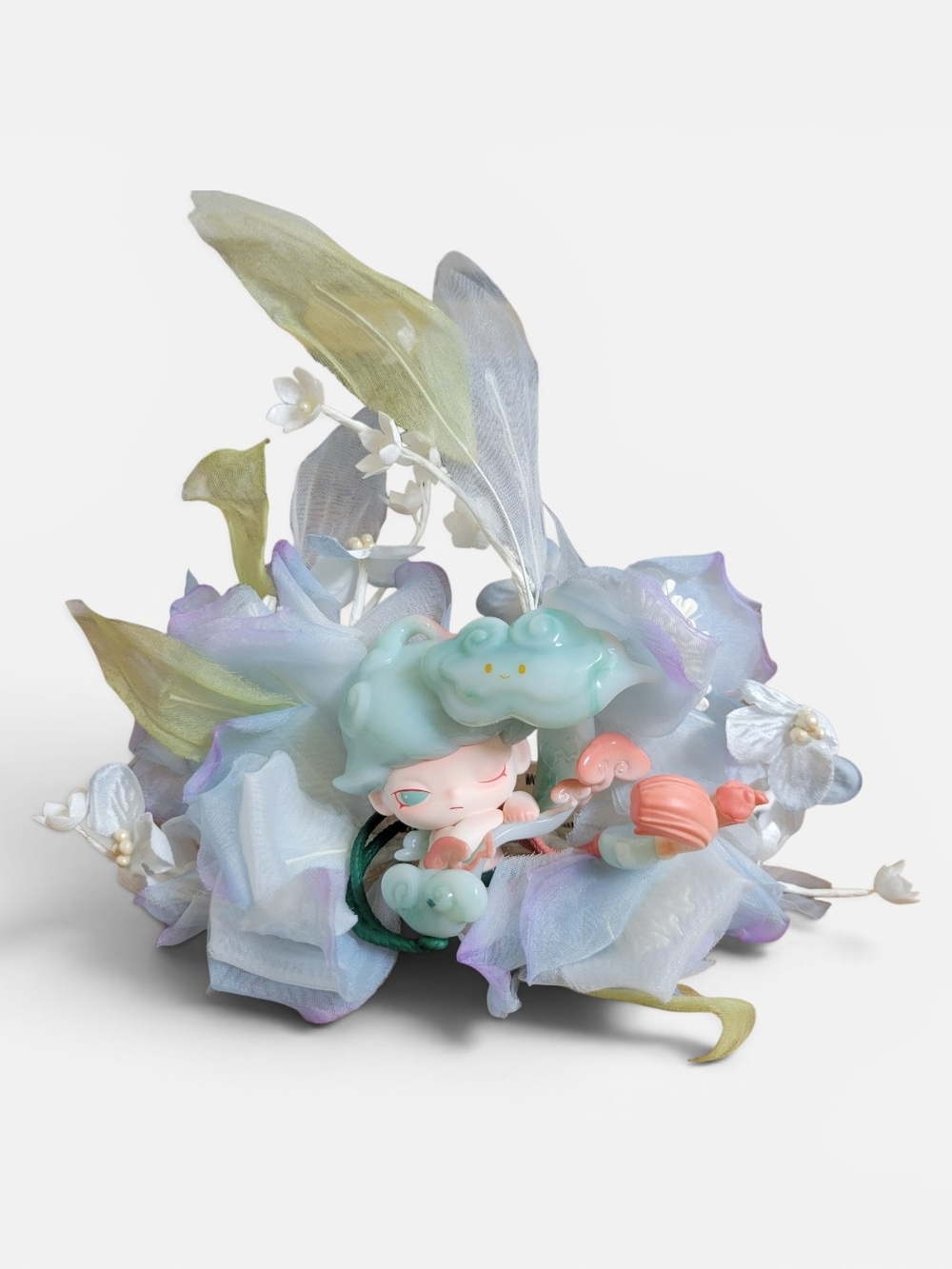 Pastel Fairy Figurine Hairpiece with Floral Accents